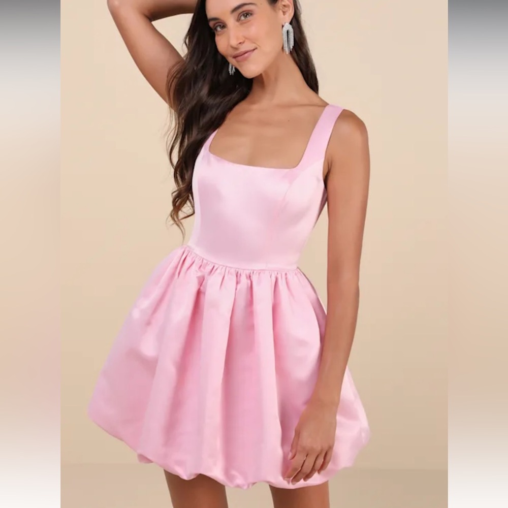 Lulus Light Pink Satin Regal‎ Cutie Square Neck Bubble Hem Barbie Dress NWOT S